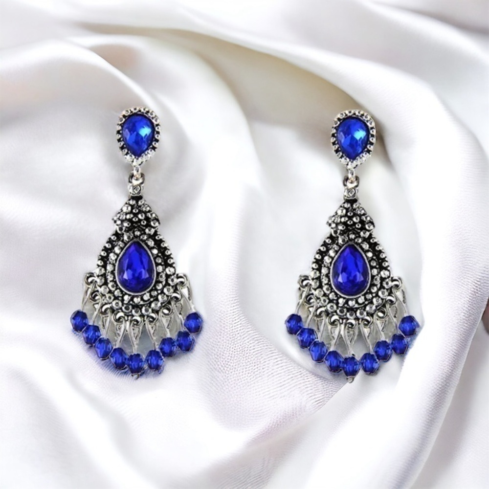 NEW Blue Crystal Chandelier Dangle Earrings Tibetan Silver
